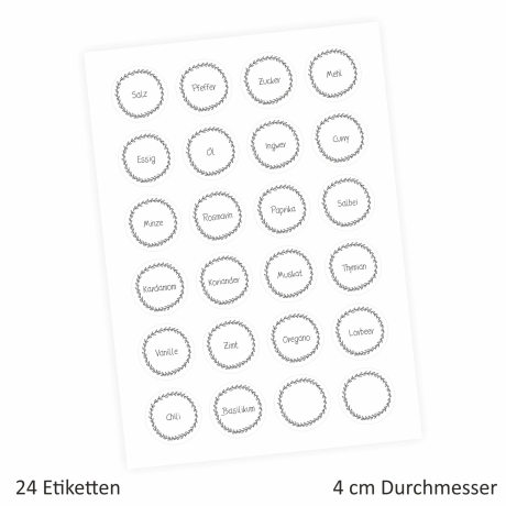 24 Gewürzetiketten - weiß/schwarz - beschriftet - rund 4 cm Ø
