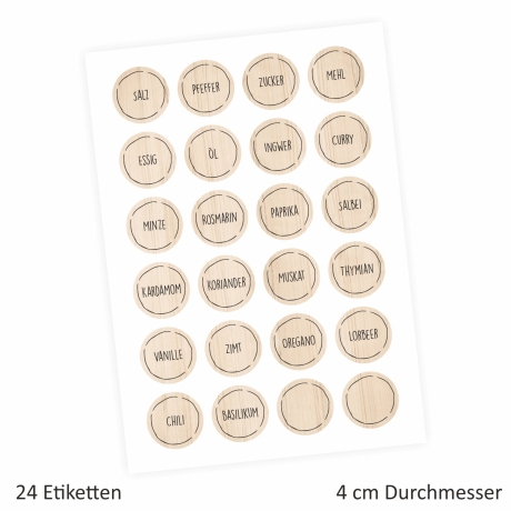 24 Gewürzetiketten - Holzoptik - beschriftet - rund 4 cm Ø