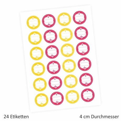 24 Universaletiketten - gelb & rot - rund 4 cm Ø Aufkleber