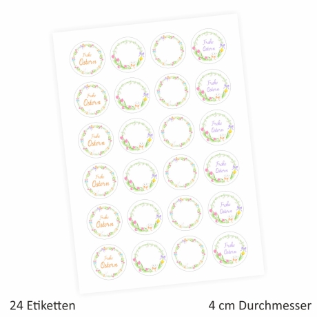 24 Oster Aufkleber Ranken bunt - rund 4 cm Ø - Frohe Ostern