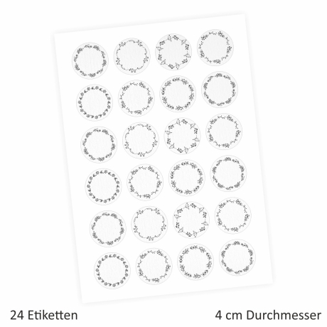 24 Universaletiketten - Blumenranke weiß - rund 4 cm Ø