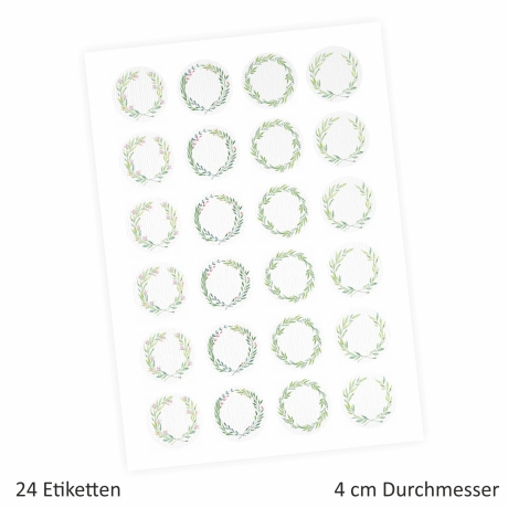 24 Universaletiketten - Blumenranke grün - rund 4 cm Ø