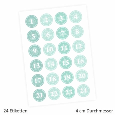 24 Adventskalender Zahlen Aufkleber MINT - rund 4 cm Ø