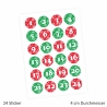 24 Adventskalender Zahlen Aufkleber ROT/GRÜN Schnee rund 4 cm Ø