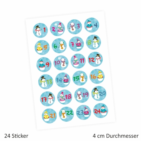 24 Adventskalender Zahlen Aufkleber Schneemann rund 4 cm Ø