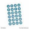 24 Adventskalender Zahlen Aufkleber PETROL - rund 4 cm Ø