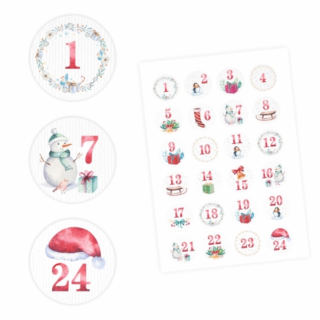 24 Adventskalender Zahlen Aufkleber Aquarell rund 4 cm Ø
