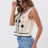 Boho Häkel Crochet Top mit Blumen Stickerei im Vintage Stil 34-40