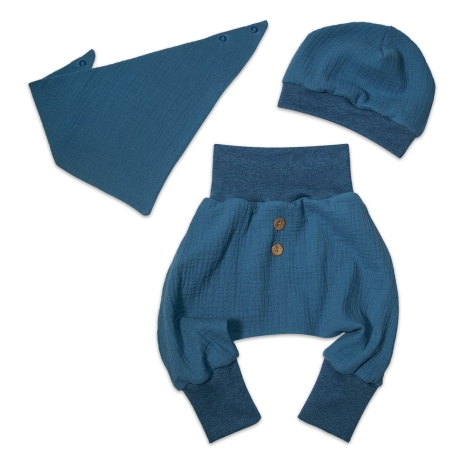 3-tlg Musselin-Set Pumphose-Mütze-Tuch Erstlingsoutfit jeansblau