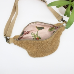 Bauchtasche Teddyplüsch Braun Rosa geblümt Unikat Handmade