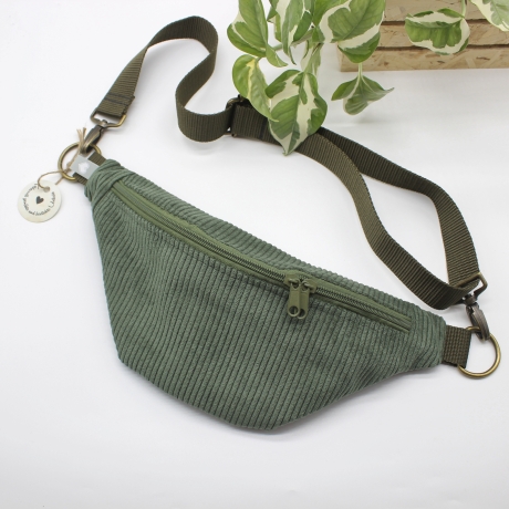 Bauchtasche Cord Khaki Ginko Blätter Unikat Handmade