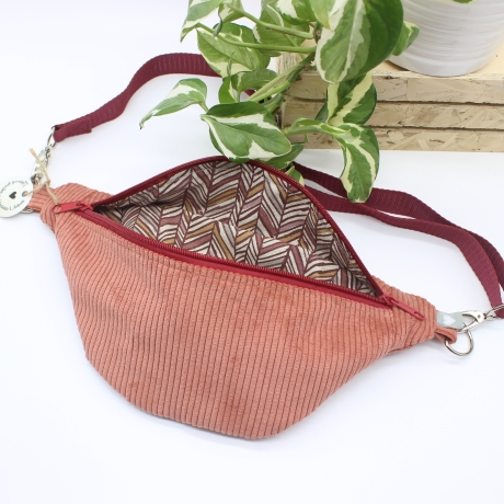 Bauchtasche Cord Koralle Rot Beige Cross Body Bag Unikat Handmade