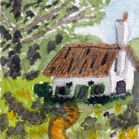 Aquarell Häuschen im Grünen Original Miniatur Rahmen 15 x 15 cm