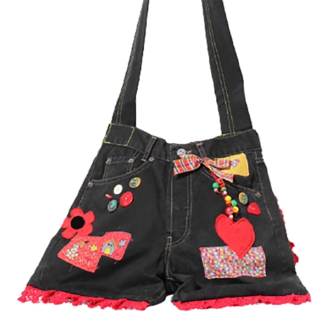 Unikat Jeans Tasche Schwarz Bunt, Black Denim Boho Umhängetasche