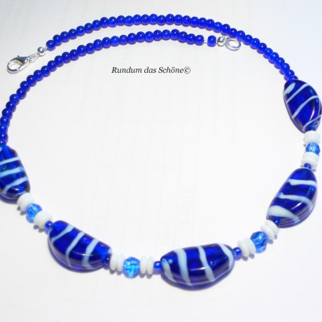 Kette Blau weiß Glasperlen Karabiner Halskette Collier
