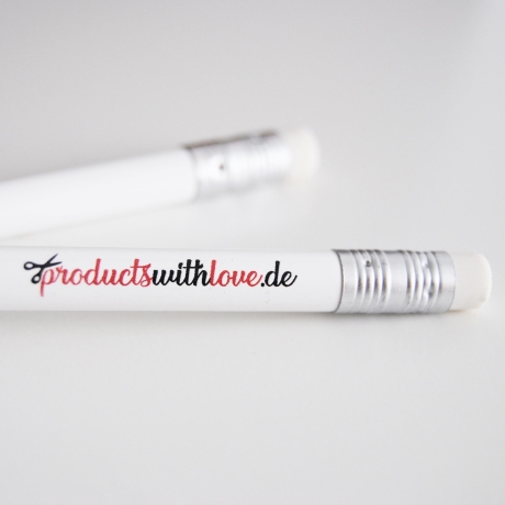 Weißer Bleistift mit Radiergummi und productswithlove.de Druck