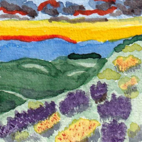 Aquarell Blumenwiese Abendrot Original Miniatur Rahmen 15 x 15 cm