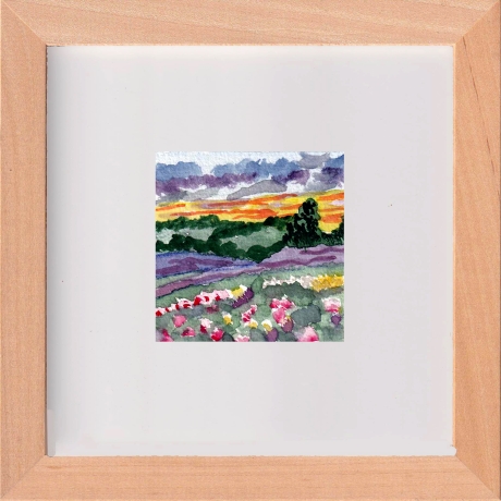 Aquarell Blumenwiese Abendrot Original Miniatur Rahmen 15 x 15 cm