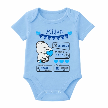 Baby Body kurz WELCOME BOY personalisiert mit Geburtsdaten+Name