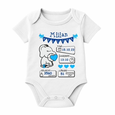 Baby Body kurz WELCOME BOY personalisiert mit Geburtsdaten+Name