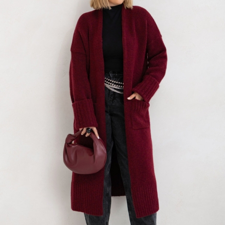 Oversize Strickmantel lang Strickjacke Cardigan Bordeauxrot S-XL