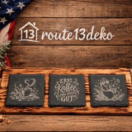 Holzbrett mit 3 gravierten Schieferplatten – Kaffee-Motive