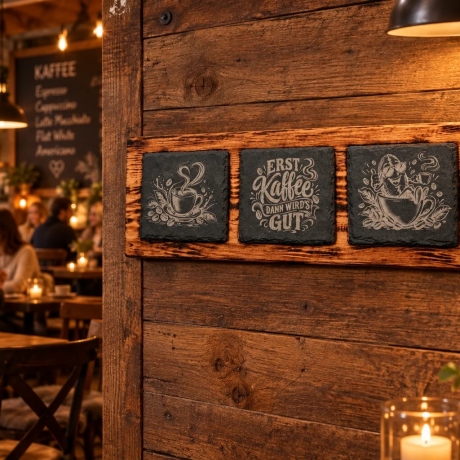 Holzbrett mit 3 gravierten Schieferplatten – Kaffee-Motive