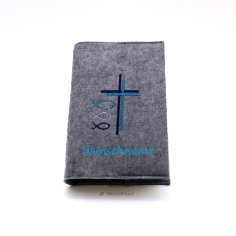 Gotteslobhülle mit blauem Kreuz und Fischen, personalisierbar