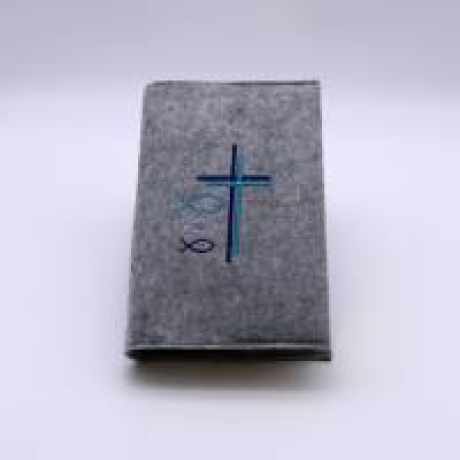 Gotteslobhülle mit blauem Kreuz und Fischen, personalisierbar