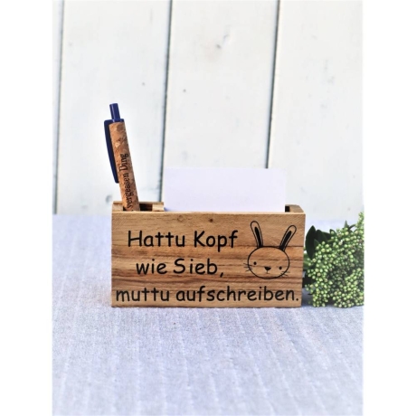 Notizzettelhalter mit graviertem Kuli Geschenk Idee Holz Spruch