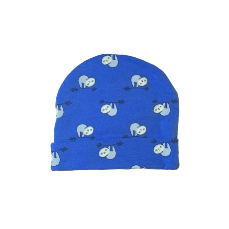 Kindermütze, Beanie, genäht aus Jersey, blau lustigen Faultieren