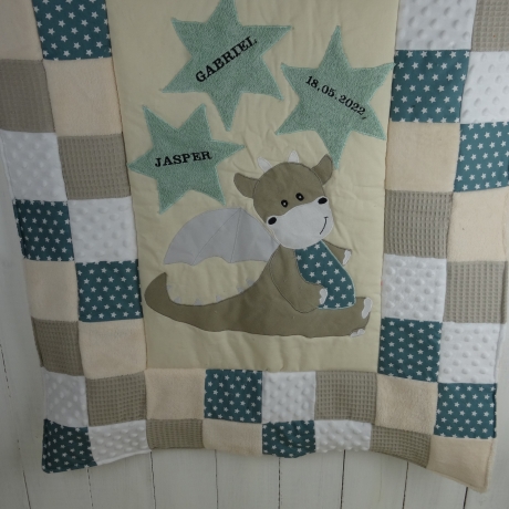 Krabbeldecke Drache, Patchworkdecke, Kuscheldecke, Tagesdecke