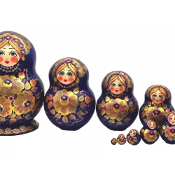 10er Matroschka bauchig, blau-gold, 15 cm, Holz, neu