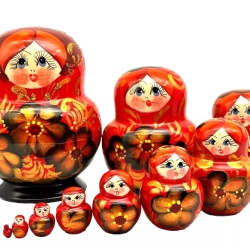 10er Matroschka rotbraun Hochloma-Motiv, 14 cm, dz 453  10er Matroschka rotbraun Hochloma-Motiv, 14 cm, dz 453