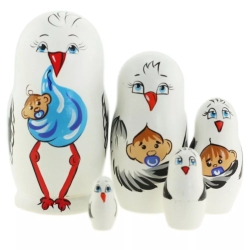 5-er Matroschka Märch. Storch m.Jungen Geburt,10.5 cm, neu