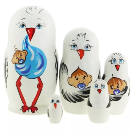 5-er Matroschka Märch. Storch m.Jungen Geburt,10.5 cm, neu
