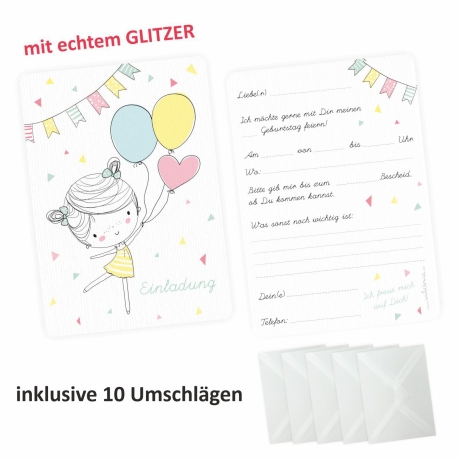10 Einladungskarten Mädchen Luftballon GLITZER Kindergeburtstag