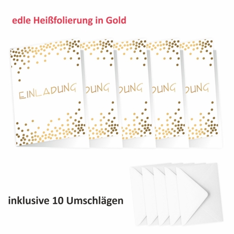 10 Klapp-Einladungskarten Punkte Gold inkl. 10 Briefumschlägen