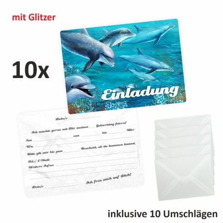 10 Einladungskarten Delfine mit GLITZER inkl. 10 Briefumschlägen