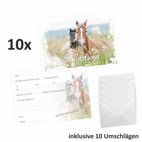 10 Einladungskarten Pferde inkl. 10 transparenten Briefumschl.