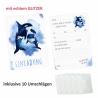 10 Einladungskarten Orca blau GLITZER inkl. 10 Briefumschläge