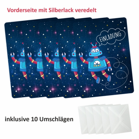 10 Einladungskarten Roboter m. Silberlack+10 transp. Briefumschl.