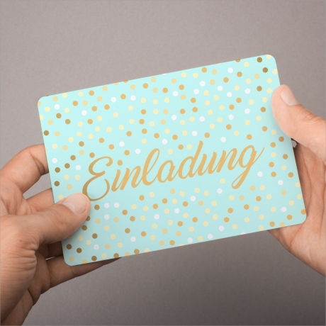 10 Einladungskarten Mint mit Goldlack + 10 transp. Briefumschl.