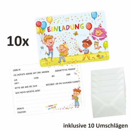 10 Einladungskarten Kindergeburtstag + 10 transp. Briefumschläge