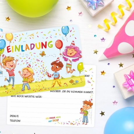 5 bunte Einladungskarten Kindergeburtstag +5 transp. Briefumschl.