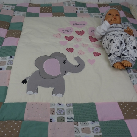 Krabbeldecke Elefant, Patchwork, Kuscheldecke, Tagesdecke,
