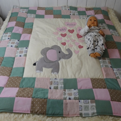 Krabbeldecke Elefant, Patchwork, Kuscheldecke, Tagesdecke,