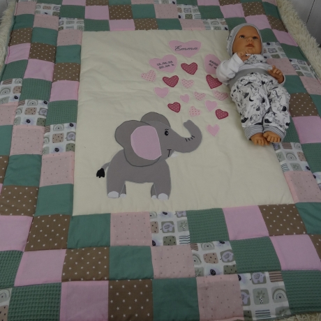 Krabbeldecke Elefant, Patchwork, Kuscheldecke, Tagesdecke,