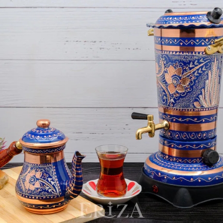 Handbemalter türk. elektr. Samovar, neu, rund, 2,5 Liter, blau