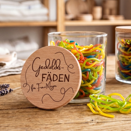 Geduldsfäden - Glas mit Deckel aus Buchenholz personalisierbar